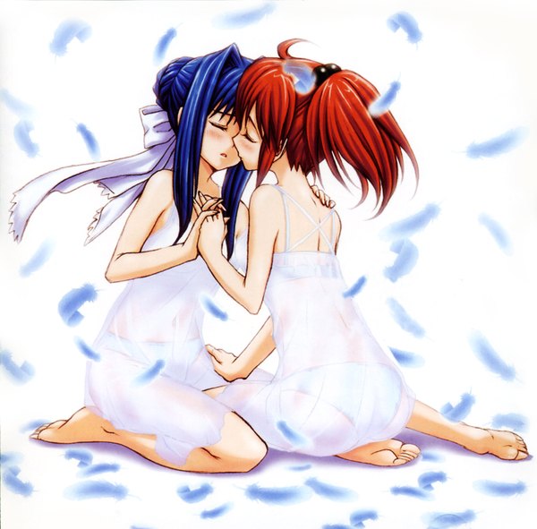 Anime picture 1419x1400 with strawberry panic madhouse aoi nagisa suzumi tamao long hair open mouth light erotic bare shoulders multiple girls blue hair ass red hair eyes closed barefoot scan underwear only shoujo ai almost kiss girl dress