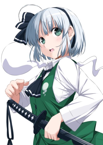 Anime picture 1488x2088 with touhou konpaku youmu myon nori tamago single tall image blush short hair open mouth simple background white background green eyes silver hair upper body ahoge turning head looking up girl dress weapon
