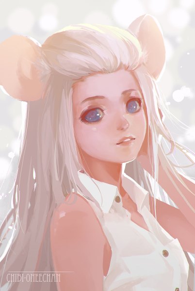 Anime picture 1676x2500 with original chibi-oneechan single long hair tall image looking at viewer blue eyes bare shoulders signed animal ears white hair parted lips light smile lips sleeveless portrait hand on head open collar expressionless mouse ears