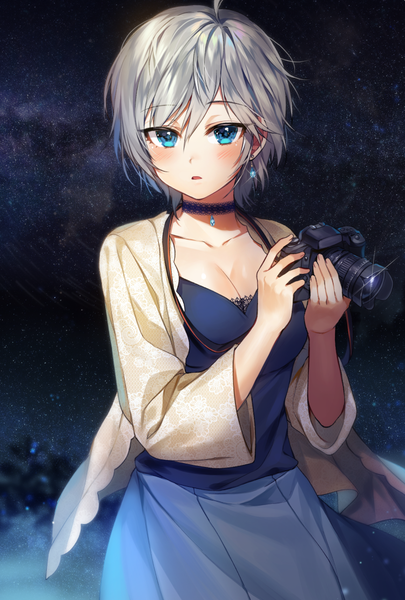 Anime picture 750x1109 with idolmaster idolmaster cinderella girls anastasia (idolmaster) gijang single tall image looking at viewer blush fringe short hair breasts open mouth blue eyes hair between eyes large breasts holding cleavage silver hair ahoge sparkle