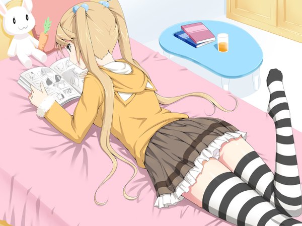 Anime picture 1231x923 with original sho-gi single long hair light erotic blonde hair twintails pantyshot girl thighhighs skirt miniskirt bed toy stuffed animal striped thighhighs bunny manga (object)