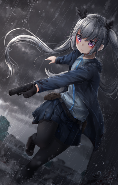 Anime picture 1200x1870 with original michiru donut single long hair tall image blush fringe hair between eyes purple eyes twintails holding signed payot looking away sky cloud (clouds) full body bent knee (knees) outdoors pleated skirt