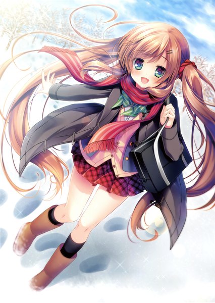 Anime picture 2486x3500 with original mizuki yuuma single tall image looking at viewer blush highres open mouth brown hair twintails green eyes very long hair scan official art girl skirt miniskirt socks boots scarf