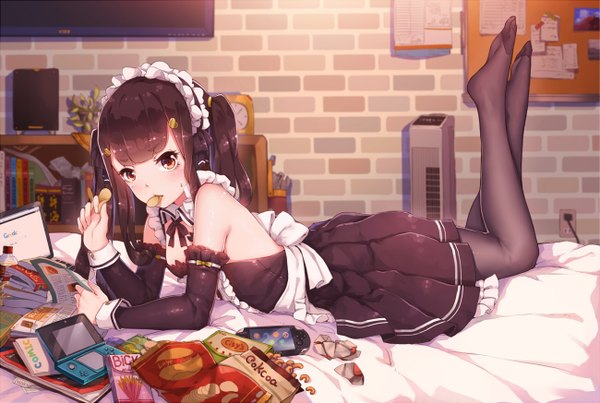Anime picture 1300x874 with original nintendo fangxiang cuoluan single long hair looking at viewer black hair brown eyes bent knee (knees) lying pleated skirt maid no shoes on stomach girl dress skirt uniform detached sleeves pantyhose