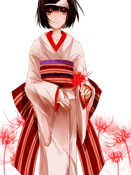 Anime picture 1200x1600 with noragami studio bones nora (noragami) 270 single tall image looking at viewer fringe black hair simple background smile standing white background holding brown eyes traditional clothes japanese clothes floral background girl flower (flowers)