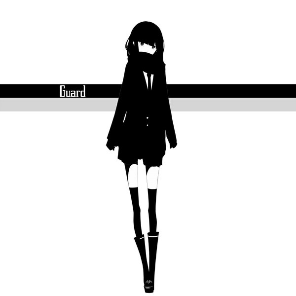Anime picture 1000x1000 with original haru@ single long hair black hair simple background white background black eyes inscription monochrome girl thighhighs black thighhighs necktie jacket shorts boots scarf