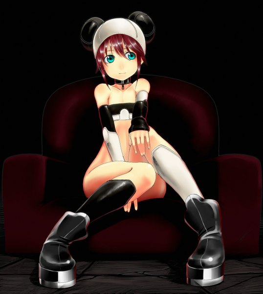 Anime picture 1412x1575 with original kamata yuuya single tall image short hair blue eyes animal ears red hair black background mouse ears girl detached sleeves boots armchair