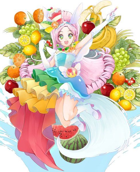 Anime picture 2000x2454 with precure kirakira precure a la mode toei animation kirahoshi ciel cure parfait yuutarou (fukiiincho) single long hair tall image looking at viewer highres open mouth green eyes pink hair ponytail :d arm up jumping magical girl girl