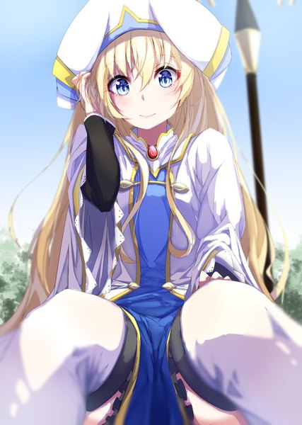 Anime picture 1320x1853 with goblin slayer! priestess (goblin slayer!) murata ryou single long hair tall image looking at viewer blush fringe blue eyes blonde hair hair between eyes sitting outdoors depth of field adjusting hair girl thighhighs dress white thighhighs