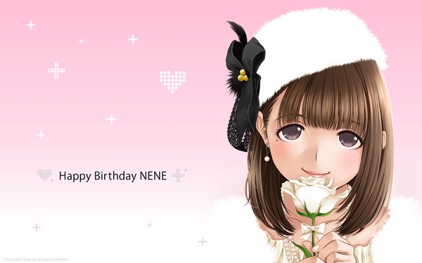 Anime picture 1920x1200 with love plus anegasaki nene mino tarou single looking at viewer highres short hair smile brown hair wide image brown eyes girl flower (flowers) cap