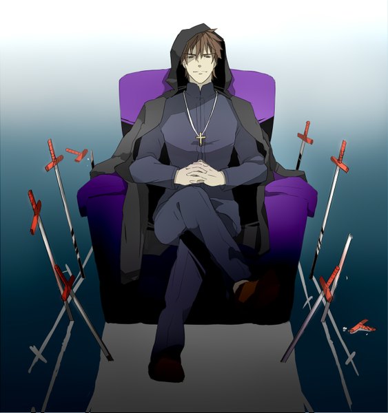 Anime picture 1254x1337 with fate/zero kotomine kirei single tall image looking at viewer short hair simple background smile brown hair sitting brown eyes shadow crossed legs hands clasped boy weapon hood cloak cross armchair