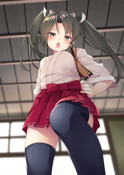 Anime picture 853x1200 with kantai collection zuikaku aircraft carrier mofu namako single long hair tall image looking at viewer blush fringe breasts open mouth hair between eyes twintails green eyes bent knee (knees) indoors long sleeves traditional clothes japanese clothes pleated skirt