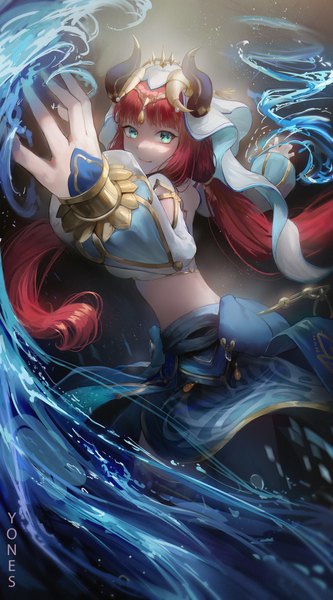 Anime picture 2953x5328 with genshin impact nilou (genshin impact) yonesdraws single long hair tall image looking at viewer fringe highres twintails signed red hair blunt bangs horn (horns) aqua eyes arms up midriff low twintails outstretched arm turning head