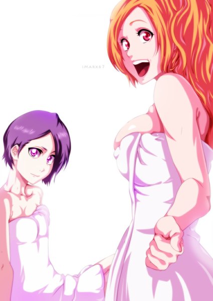 Anime picture 754x1064 with bleach studio pierrot kuchiki rukia inoue orihime eroishi long hair tall image short hair breasts open mouth light erotic simple background smile red eyes large breasts white background pink hair purple hair orange hair coloring
