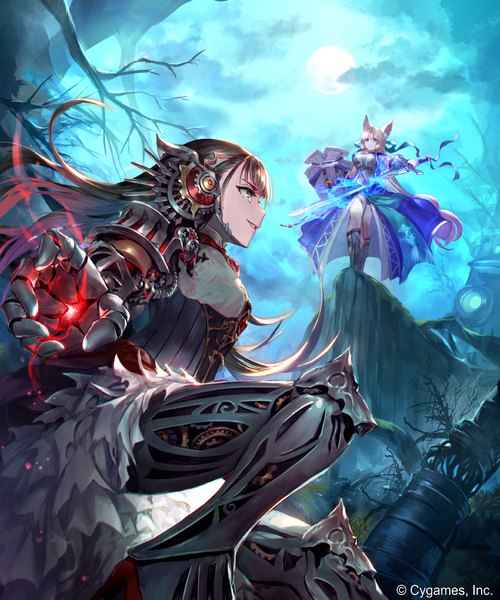 Anime picture 1050x1260 with shadowverse mono (shadowverse) mistolina irua long hair tall image blue eyes blonde hair brown hair multiple girls brown eyes animal ears sky cloud (clouds) outdoors very long hair from below high heels bare tree mechanical