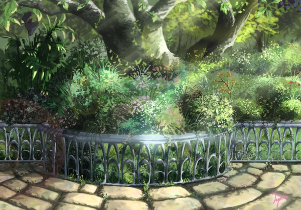 Anime picture 5000x3498 with original niko p highres absurdres no people landscape scenic flower (flowers) plant (plants) tree (trees) fence bushes