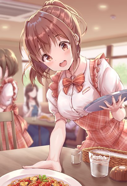 Anime picture 800x1169 with original hirokazu (analysis-depth) tall image looking at viewer fringe short hair open mouth smile brown hair standing multiple girls holding brown eyes payot ponytail indoors head tilt :d blurry official art