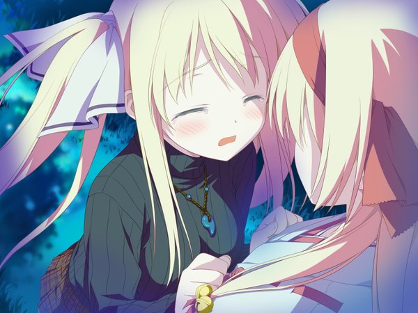 Anime picture 1600x1200 with hoshizora no memoria hisakaki kosame hisakaki komomo shida kazuhiro long hair blush open mouth blonde hair twintails multiple girls game cg eyes closed traditional clothes japanese clothes tears miko girl bow 2 girls hair bow