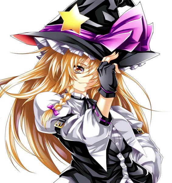 Anime picture 1064x1129 with touhou kirisame marisa yoiti single long hair tall image simple background blonde hair white background yellow eyes looking away upper body braid (braids) side braid adjusting hat witch girl gloves bow ribbon (ribbons)
