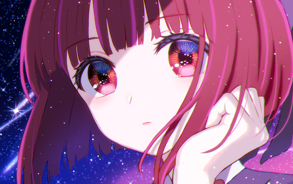 Anime picture 893x563 with oshi no ko arima kana chirin single fringe short hair red eyes looking away upper body red hair blunt bangs face shooting star girl star (stars)