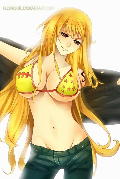 Anime picture 688x1024 with one piece toei animation nami (one piece) flowerxl single long hair tall image fringe breasts light erotic simple background blonde hair smile large breasts white background tattoo groin undressing girl navel