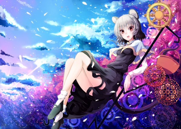 Anime picture 1274x906 with touhou nazrin ayaya (artist) single short hair open mouth red eyes sky cloud (clouds) grey hair legs mouse ears girl dress petals