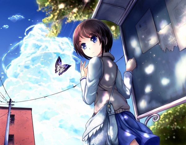 Anime picture 4488x3507 with original zen (weishanzhe) highres short hair blue eyes brown hair absurdres cloud (clouds) looking back girl plant (plants) tree (trees) insect building (buildings) butterfly bag paper