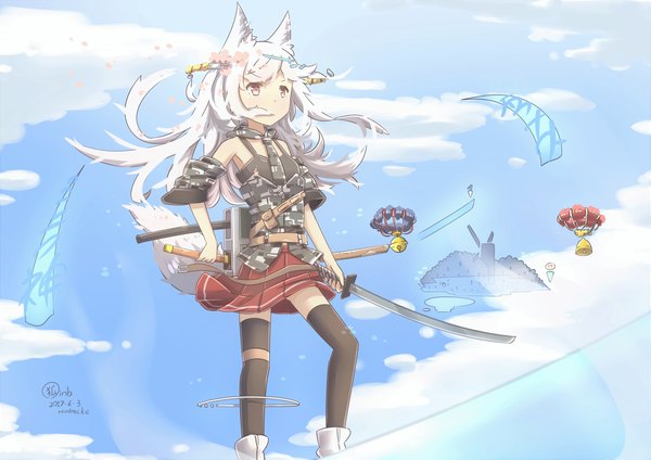 Anime-Bild 3508x2480 mit original hinbackc single long hair highres red eyes standing holding signed animal ears looking away absurdres outdoors white hair tail animal tail pleated skirt wind fox ears dated