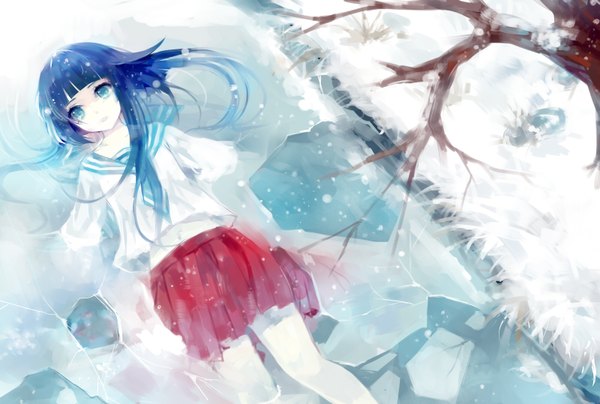 Anime picture 1600x1078 with original nevakuma (fanfanas) single long hair fringe blue hair lying blunt bangs pleated skirt aqua eyes from above tears snowing winter snow pale skin underwater river cold ophelia's pose