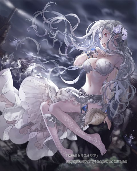 Anime picture 640x800 with original newrein (artist) single long hair tall image fringe open mouth light erotic red eyes sitting looking away sky cloud (clouds) braid (braids) hair flower wind grey hair arm support bare belly midriff