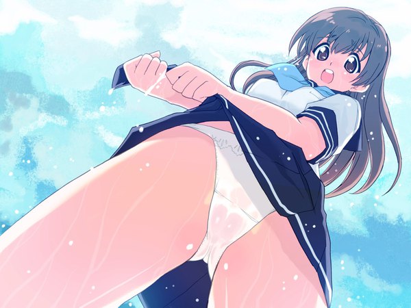 Anime picture 1024x768 with original tessai single long hair looking at viewer blush fringe open mouth light erotic brown hair brown eyes sky cloud (clouds) outdoors pleated skirt from below wet ass visible through thighs wringing clothes girl