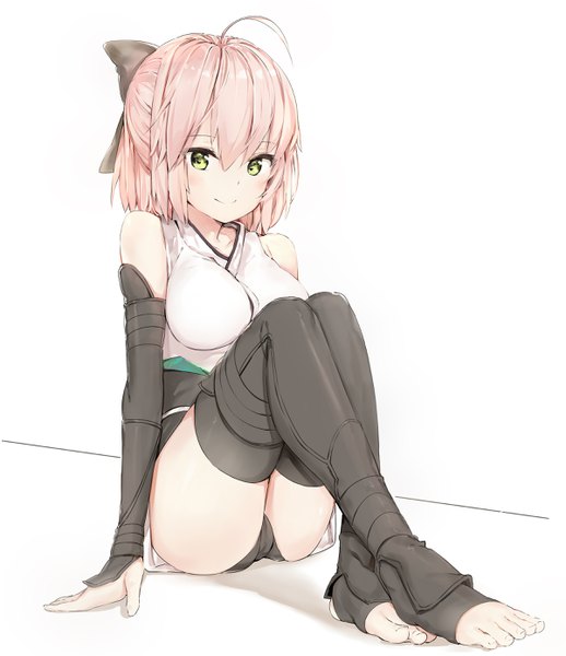 Anime picture 2400x2777 with fate (series) okita souji (fate) (all) okita souji (koha-ace) silver (chenwen) single tall image looking at viewer blush highres short hair breasts light erotic smile large breasts white background sitting bare shoulders holding green eyes pink hair