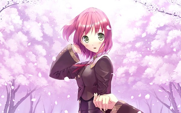 Anime picture 1024x640 with akizora ni mau confetti kanae short hair wide image green eyes game cg red hair cherry blossoms girl serafuku