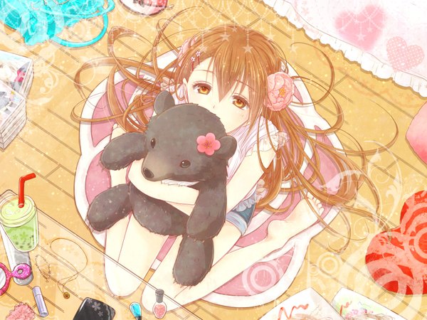Anime picture 1600x1200 with original ina (a3chi6syu2) single long hair looking at viewer fringe brown hair sitting nail polish barefoot hair flower from above bare legs orange eyes hug looking up floor glow girl hair ornament