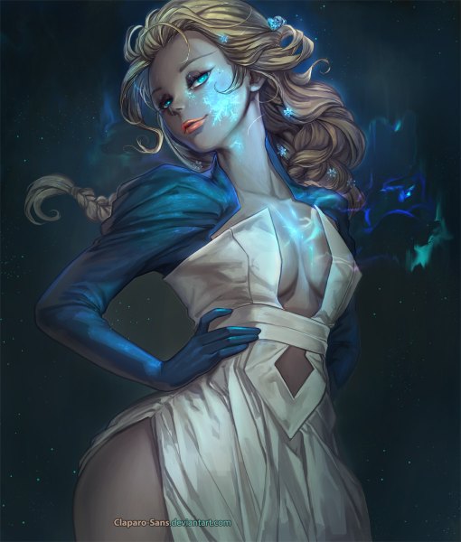 Anime picture 1020x1200 with frozen (disney) disney elsa (frozen) claparo-sans single long hair tall image breasts blue eyes light erotic blonde hair simple background smile standing signed cleavage braid (braids) head tilt hair flower lips