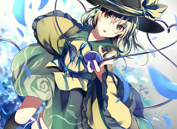 Anime picture 1100x800 with touhou komeiji koishi saden (magumo) single looking at viewer open mouth holding green eyes green hair wide sleeves dutch angle girl skirt hat petals socks black socks blouse hat ribbon green skirt