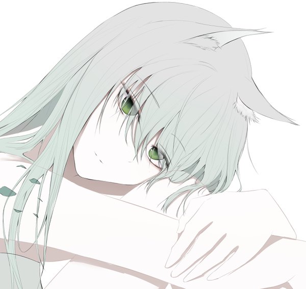 Anime picture 2718x2572 with arknights kal'tsit (arknights) mackia single long hair fringe highres simple background hair between eyes green eyes animal ears grey hair expressionless oripathy lesion (arknights) girl
