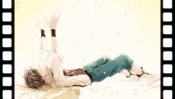 Anime picture 1934x1101 with saiyuki son goku hitaki azami highres short hair brown hair wide image lying tears torn clothes outstretched arm film strip boy petals boots scarf pants wrist cuffs