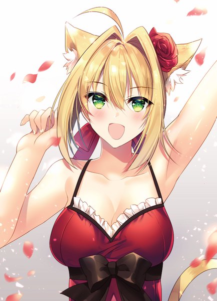 Anime picture 660x912 with fate (series) fate/grand order fate/extra nero claudius (fate) nero claudius (fate/extra) kurumi moka single tall image looking at viewer blush fringe short hair breasts open mouth simple background blonde hair smile hair between eyes bare shoulders green eyes