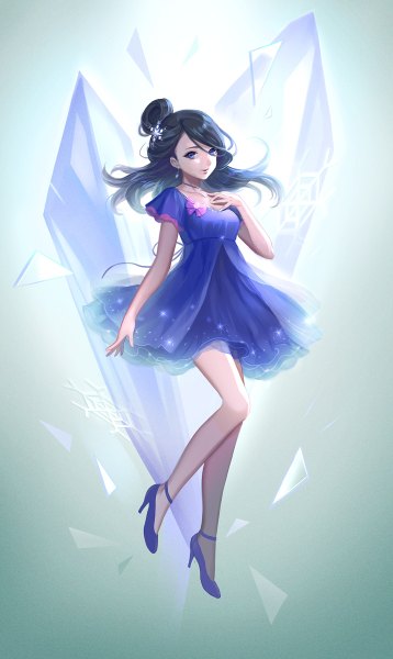 Anime picture 716x1200 with original sekkisei setsuko single long hair tall image looking at viewer blush blue eyes black hair smile barefoot hand on chest leg lift (legs lift) starry sky print girl dress hair ornament earrings shoes