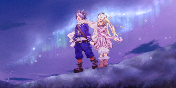 Anime picture 1200x600 with tegami bachi lag seeing niche (tegami bachi) steak (tegami bachi) mokkei (artist) long hair fringe open mouth blonde hair wide image twintails silver hair hair over one eye night couple holding hands aurora borealis girl boy gloves