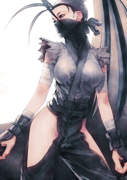 Anime picture 1240x1754 with street fighter capcom ibuki (street fighter) iwai ryo single long hair tall image light erotic black hair simple background white background ahoge black eyes torn clothes girl mask bandage (bandages)