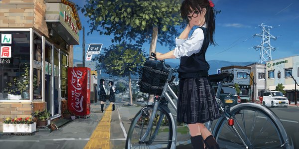 Anime picture 1517x758 with original coca-cola hjl long hair looking at viewer fringe black hair wide image standing multiple girls holding sky ponytail hair flower black eyes walking street product placement girl skirt