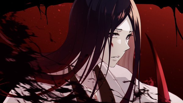 Anime picture 2048x1152 with bleach bleach: sennen kessen-hen studio pierrot unohana retsu sumire 1046 long hair highres black hair wide image upper body traditional clothes japanese clothes grey eyes red background blood on face shinigami girl kimono blood