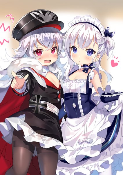 Anime picture 636x900 with azur lane belfast (azur lane) little bel (azur lane) zeppy (azur lane) kurot long hair tall image looking at viewer blush fringe open mouth blonde hair hair between eyes red eyes standing purple eyes multiple girls silver hair braid (braids) :o