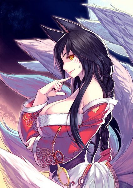 Anime picture 800x1132 with league of legends pixiv ahri (league of legends) kimura daisuke single long hair tall image looking at viewer breasts light erotic black hair smile large breasts animal ears yellow eyes cleavage tail braid (braids) long sleeves traditional clothes