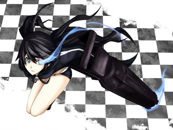 Anime picture 1400x1050 with black rock shooter black rock shooter (character) single long hair blue eyes black hair twintails glowing glowing eye (eyes) checkered floor girl weapon gun huge weapon