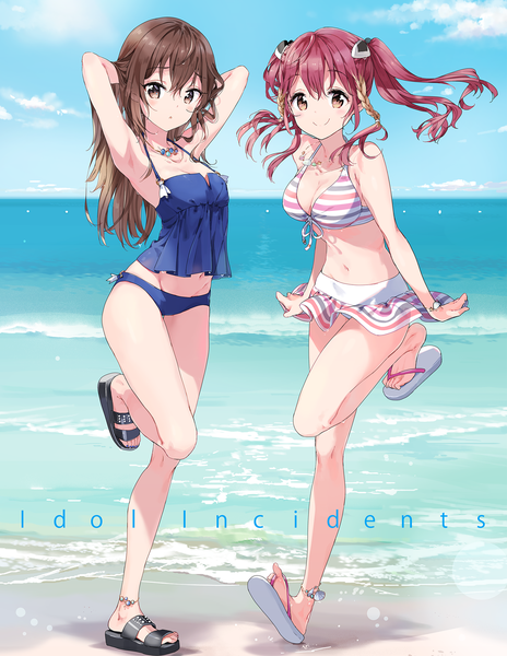 Anime picture 2100x2715 with idol incidents hoshina natsuki onimaru shizuka tiv long hair tall image looking at viewer fringe highres short hair breasts open mouth light erotic smile hair between eyes brown hair standing twintails bare shoulders multiple girls