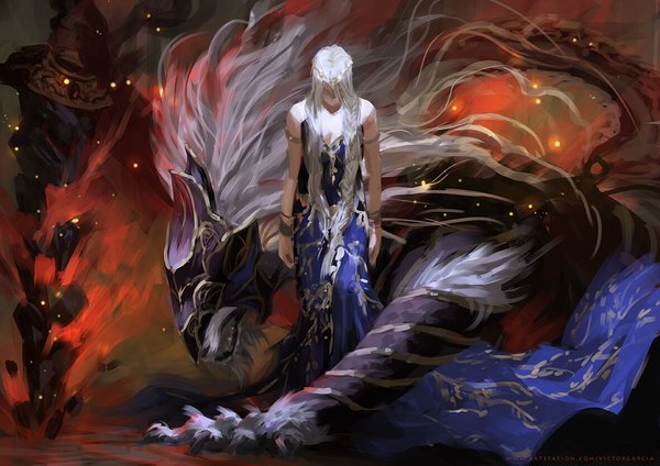 Anime picture 1181x835 with elden ring queen marika the eternal maliketh the black blade victor garcia long hair standing bare shoulders signed white hair girl dress boy weapon sword armor blue dress furry