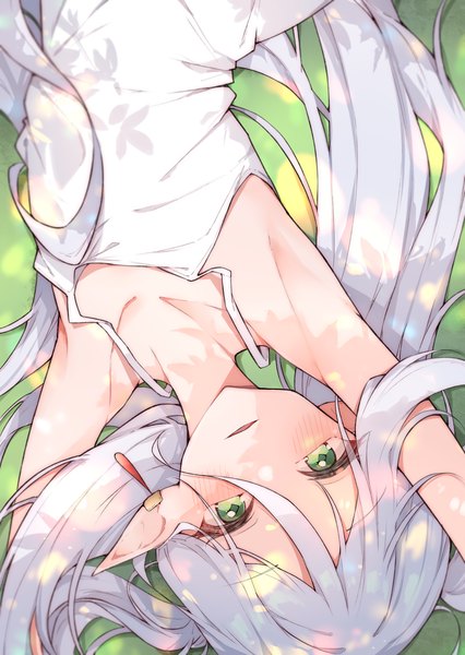 Anime picture 2490x3510 with sousou no frieren frieren airenif single long hair tall image fringe highres light erotic hair between eyes green eyes silver hair upper body lying pointy ears on back flat chest elf upside down girl